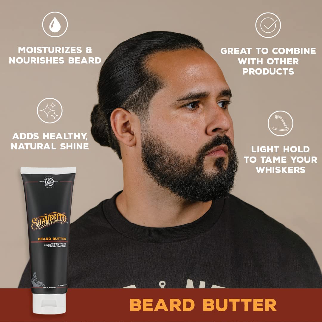 Suavecito Beard Butter hands applying illustrates quick daily grooming and even distribution.