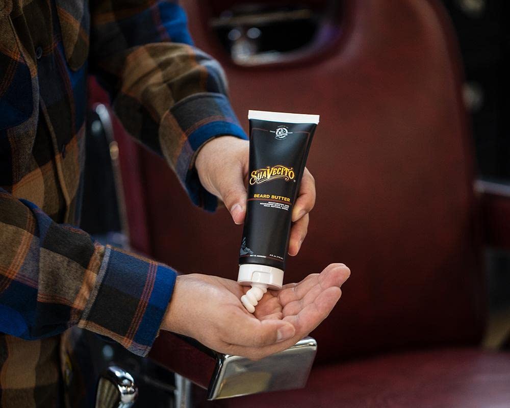 Suavecito Beard Butter label closeup reveals product details and original scent.