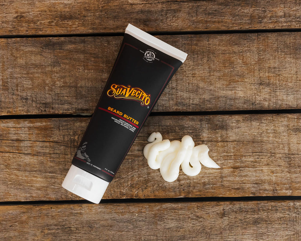 Suavecito Beard Butter natural shine on beard demonstrates sleek, healthy-looking whiskers.