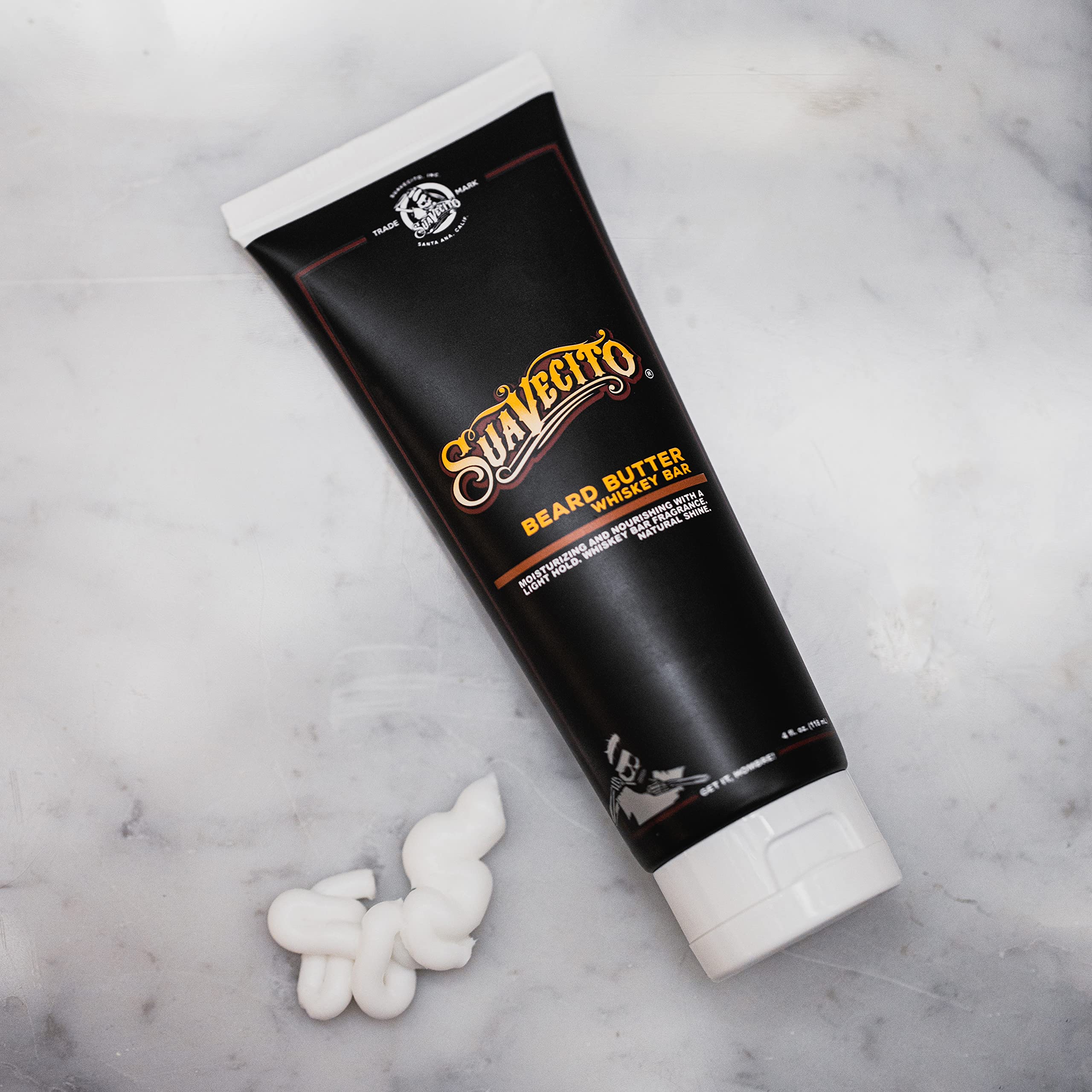 Beard shows natural shine after applying Suavecito Beard Butter Whiskey Bar.