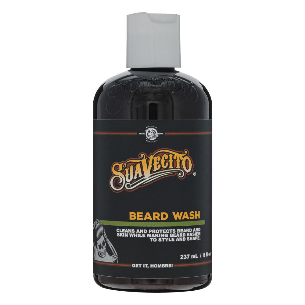 Suavecito beard wash bottle front view for premium cleansing of face and beard.