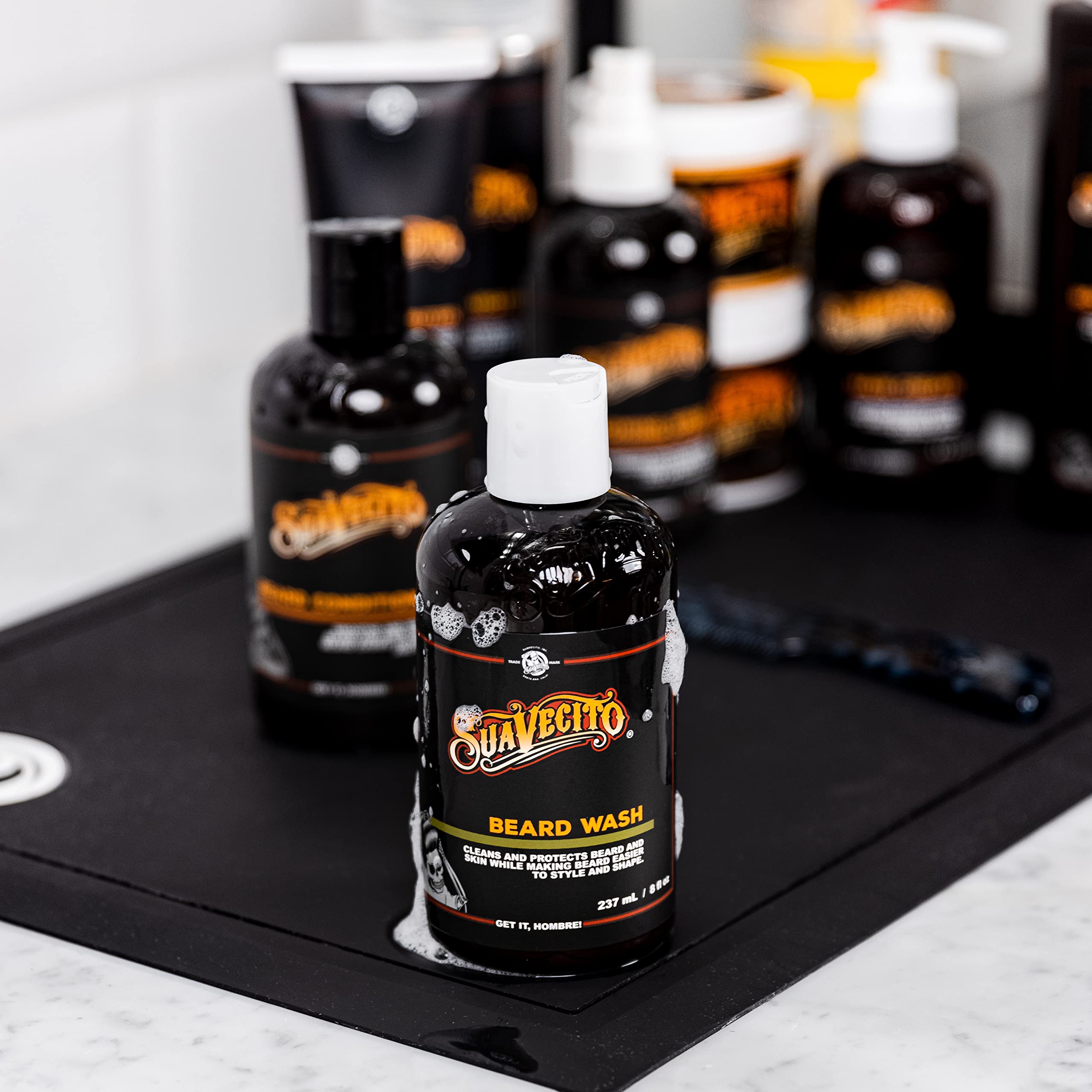 Suavecito beard wash packaging conveys quality and daily-use readiness.