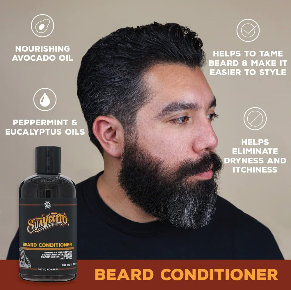Beard wash and conditioner set displayed on a bathroom shelf for daily use.