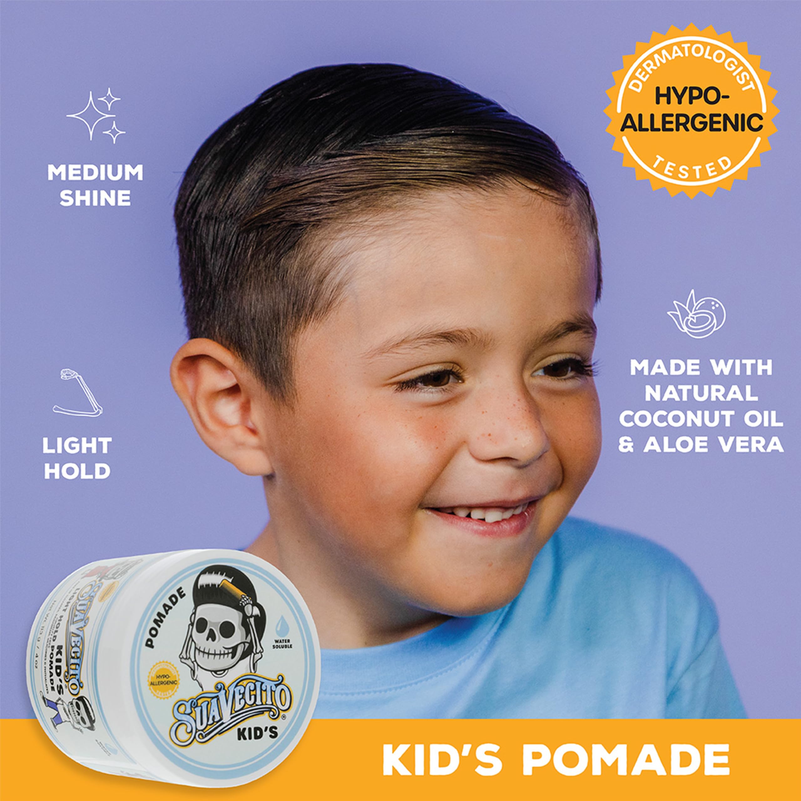 Dermatológicamente probada Suavecito Kid’s Pomade para piel sensible.