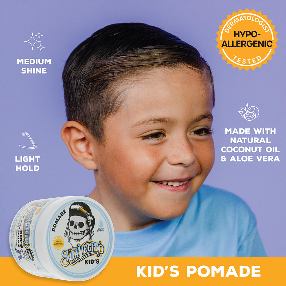 Dermatológicamente probada Suavecito Kid’s Pomade para piel sensible.