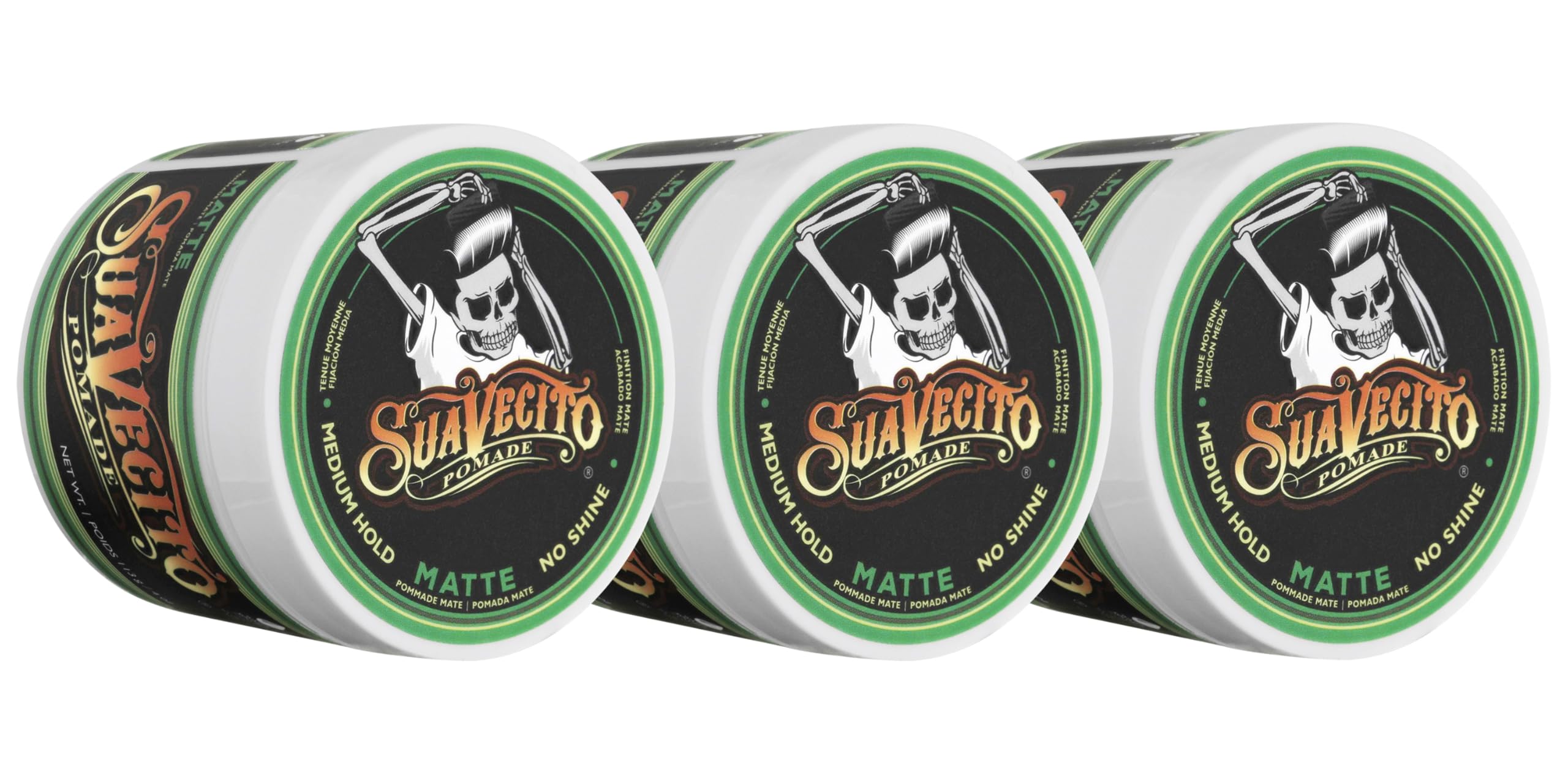 Suavecito Matte Pomade jar close-up shows shine-free natural finish for everyday styling.