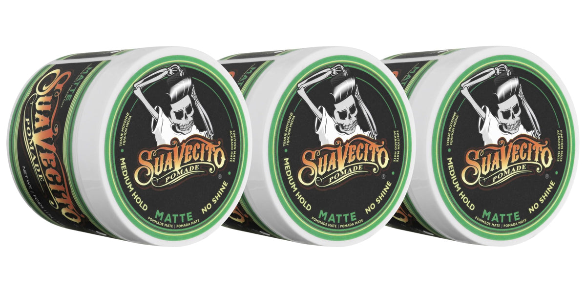 Suavecito Matte Pomade jar close-up shows shine-free natural finish for everyday styling.