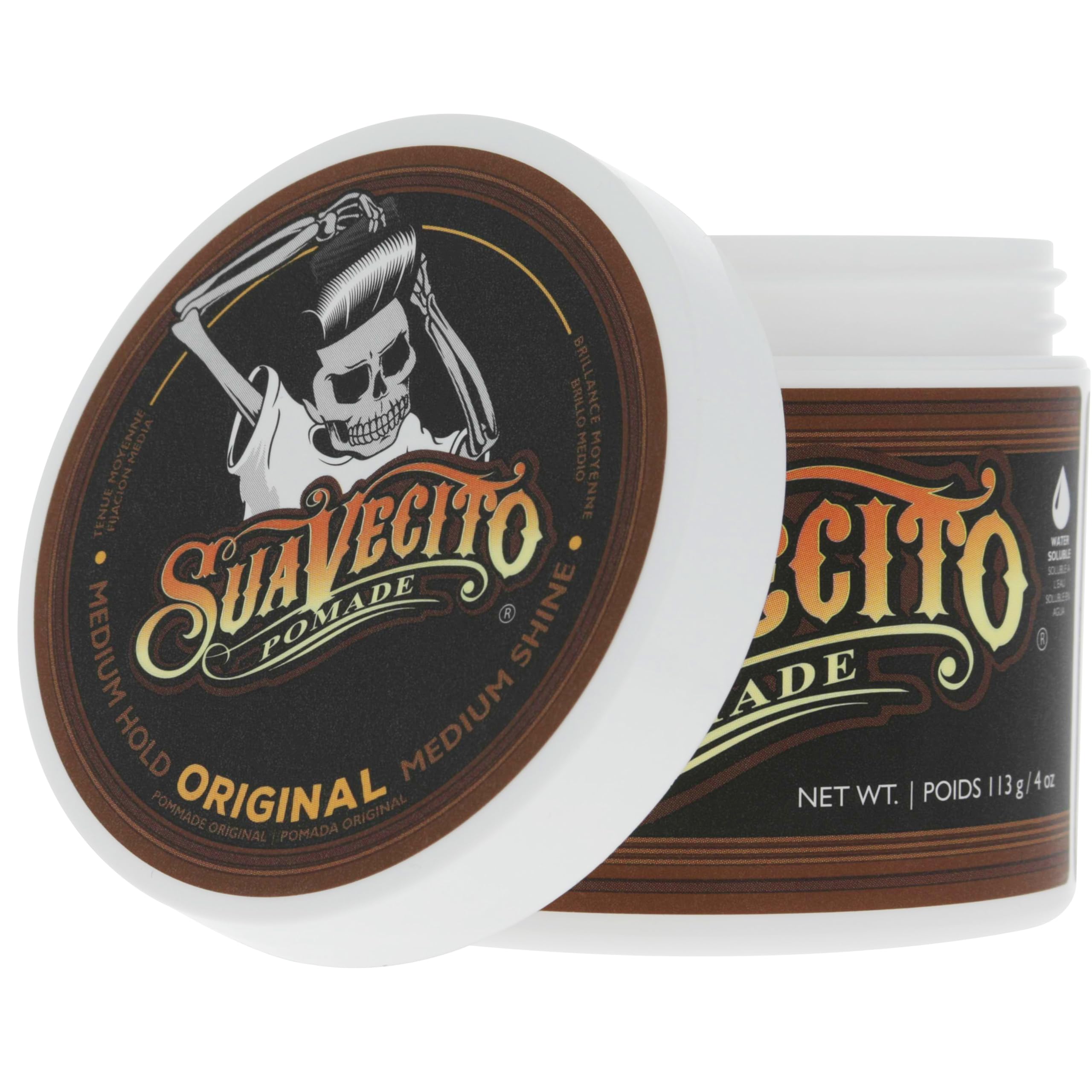 Suavecito Pomada Original Hold, aroma distintivo que acompaña el peinado diario.