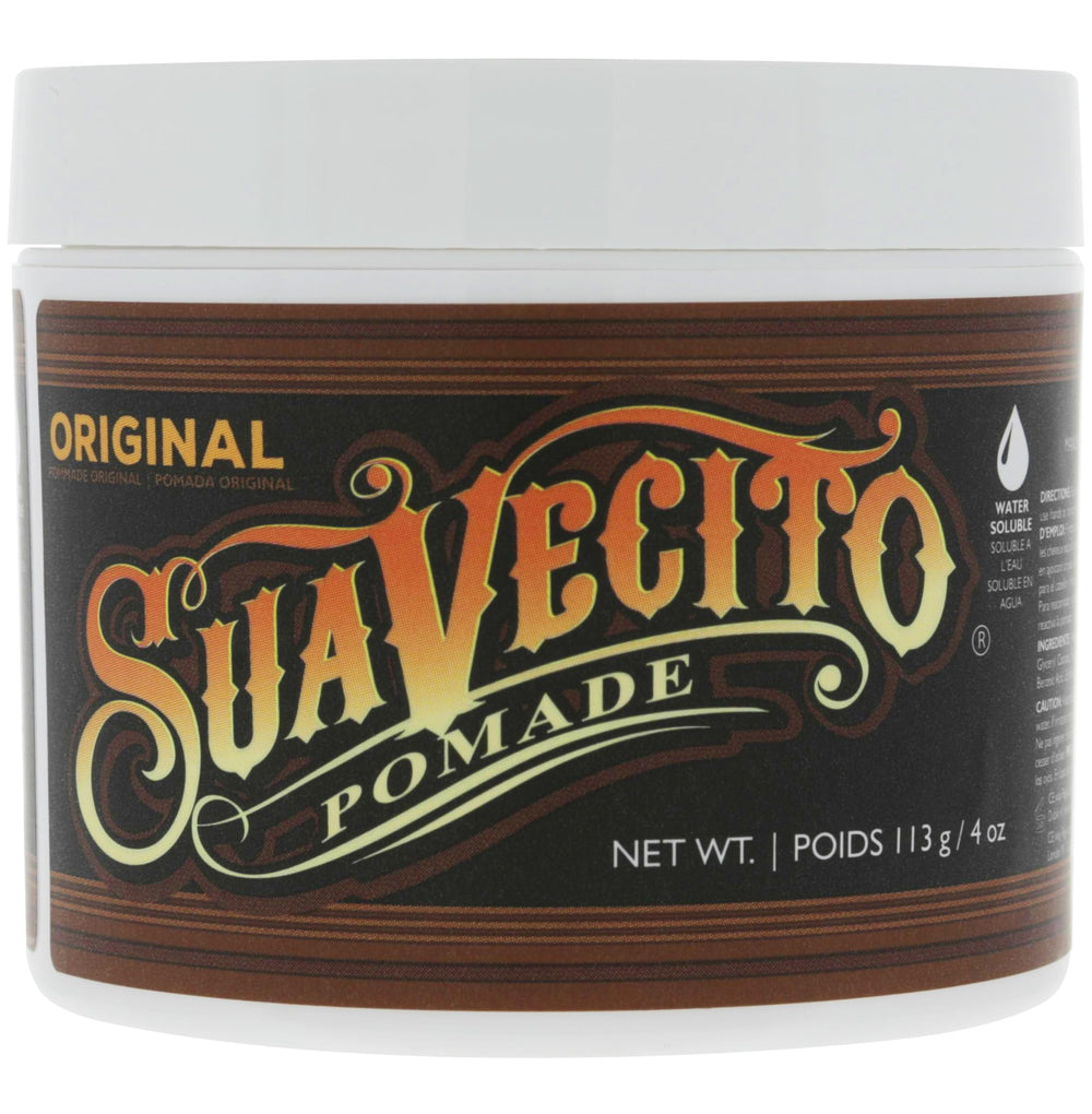 Suavecito Pomada Original Hold, botella visible, fijación estable para todo el día.