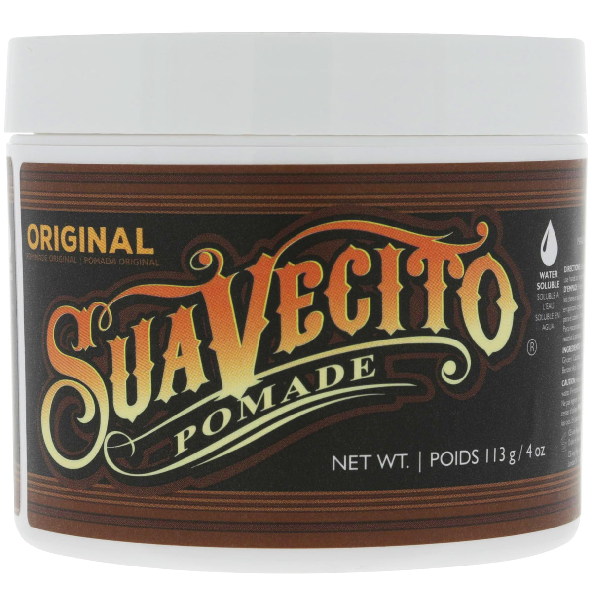 Suavecito Pomada Original Hold, botella visible, fijación estable para todo el día.