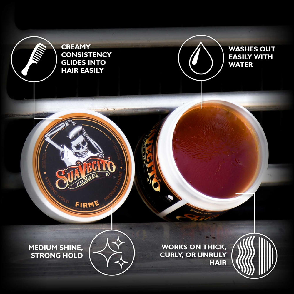 Suavecito Firme aplicada con peine para peinado rápido y definido.