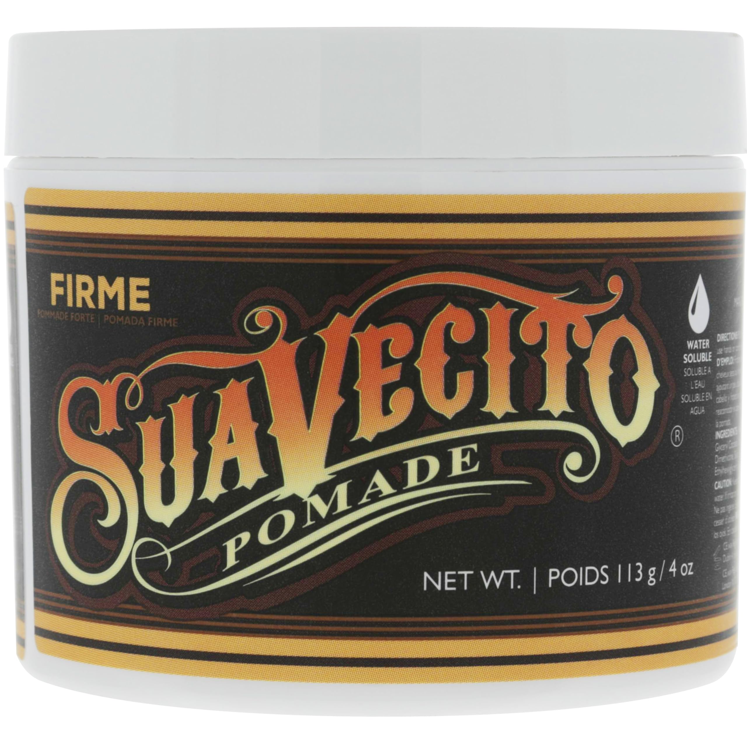 Pomada Suavecito Firme en bote de 4 oz para fijación duradera.