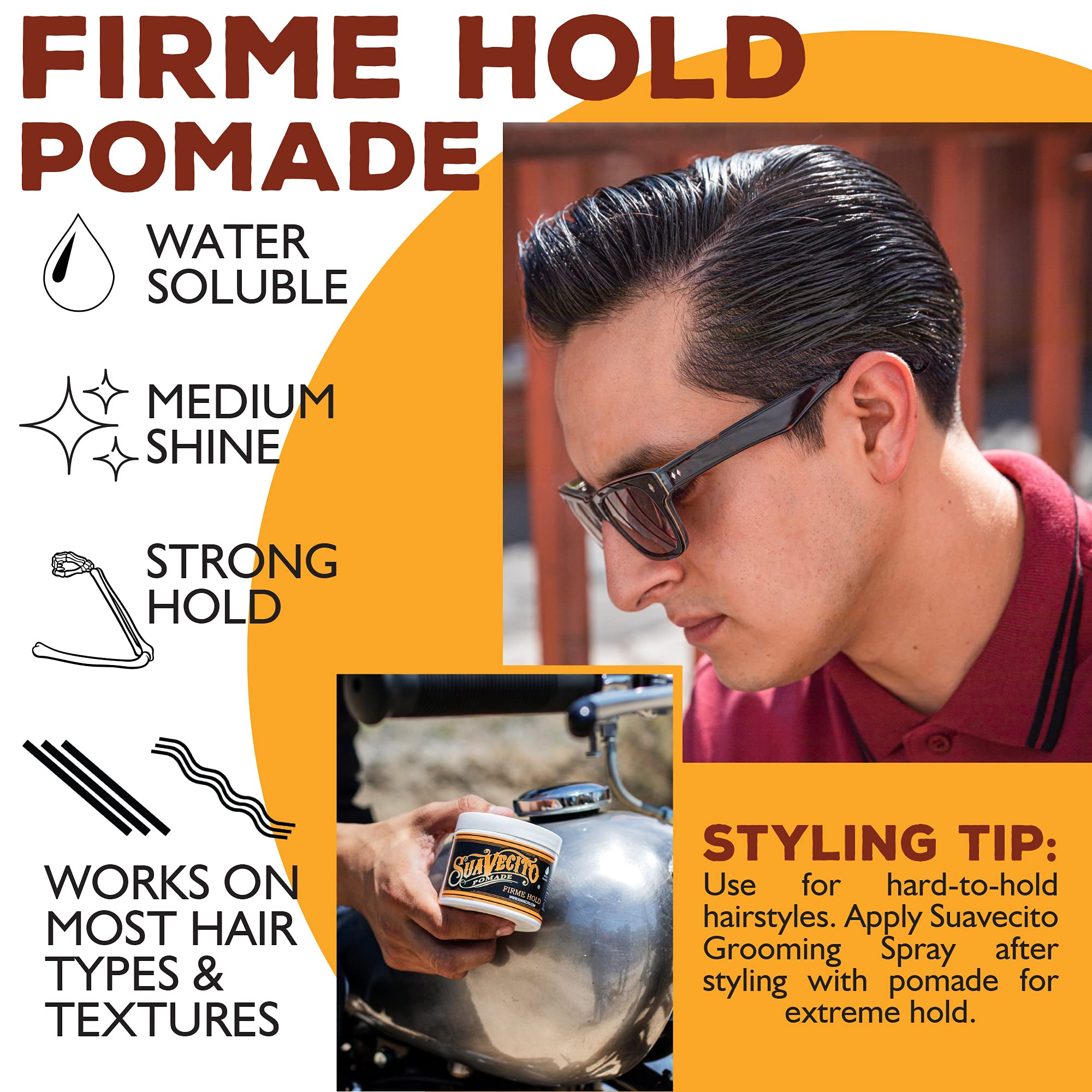 Suavecito Pomade Firme: brillo medio para un look natural.