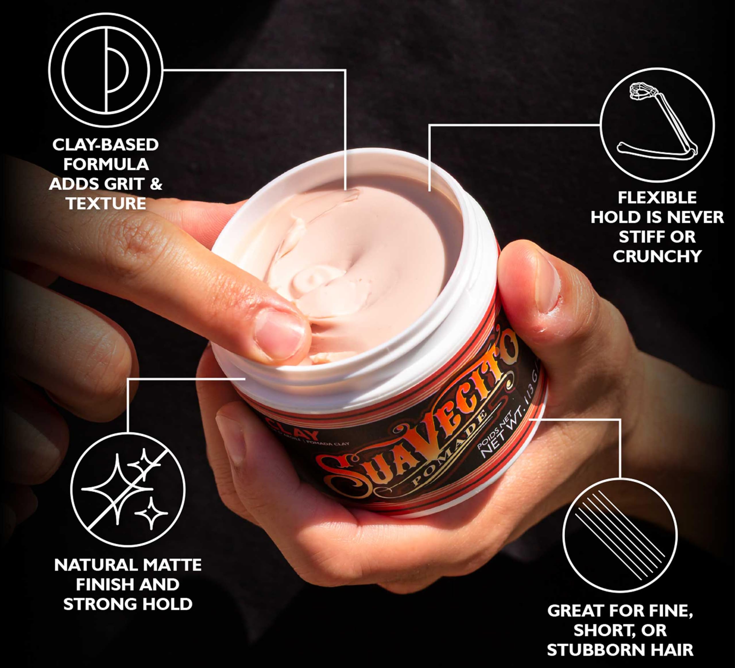 Suavecito Pomade Firme Clay con acabado mate para looks naturales y controlados.