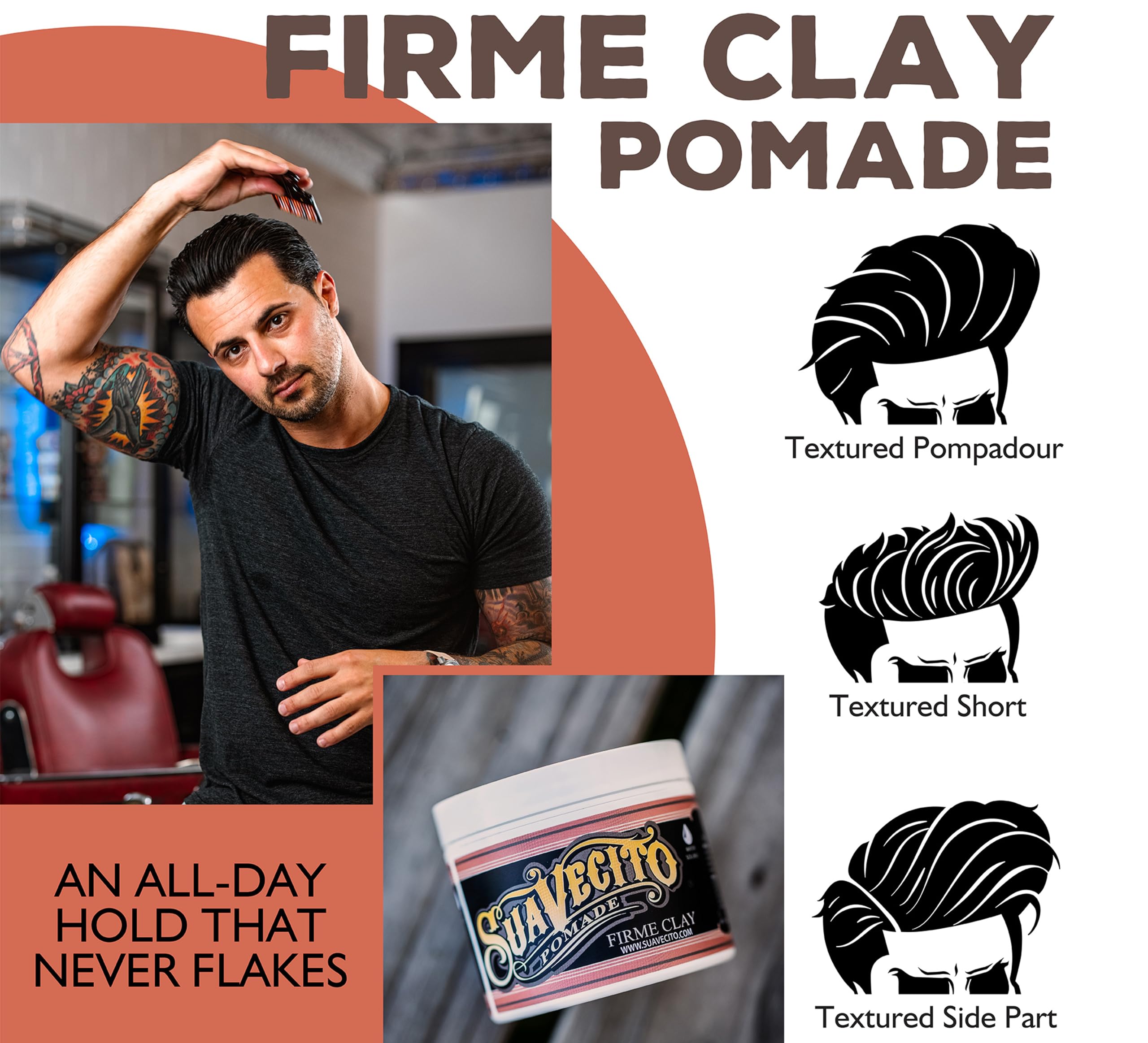Suavecito Pomade Firme Clay para peinados con definición natural y estilo duradero.