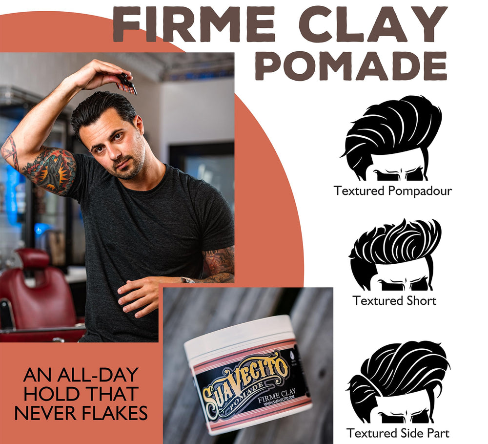 Suavecito Pomade Firme Clay para peinados con definición natural y estilo duradero.