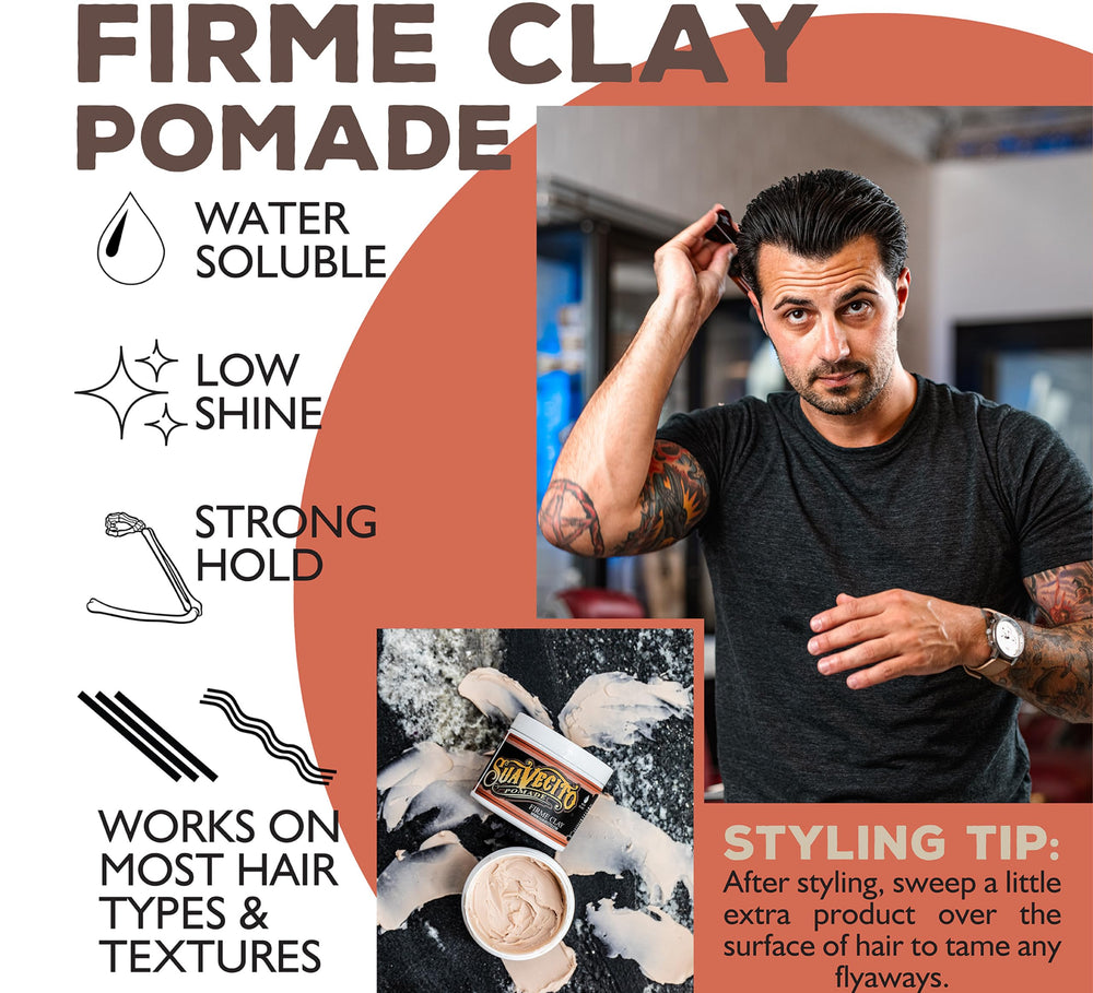 Suavecito Pomade Firme Clay ideal para pelo fino, mejora el agarre y definición.