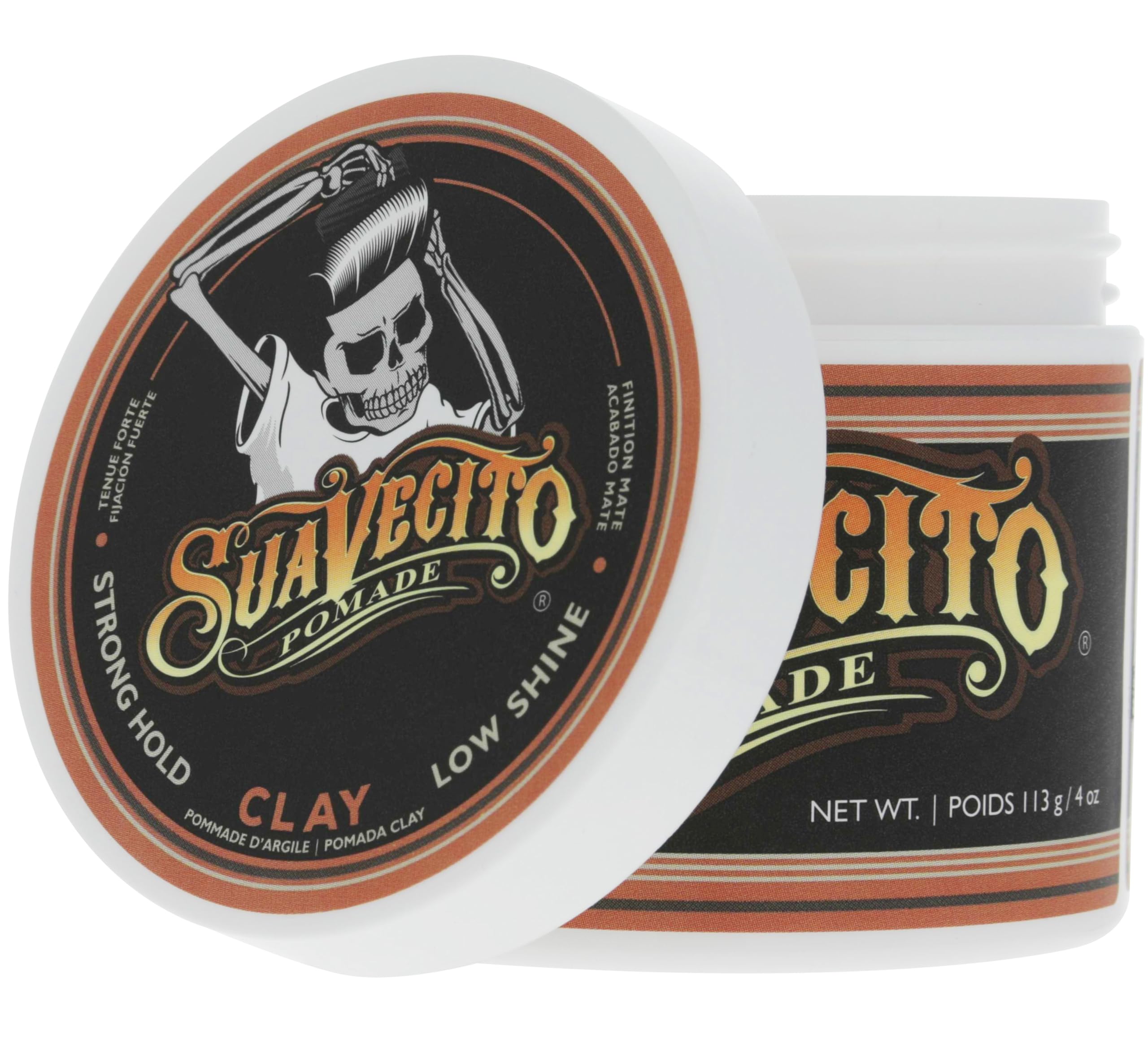 Suavecito Pomade Firme Clay detalle de embalaje y presentación.
