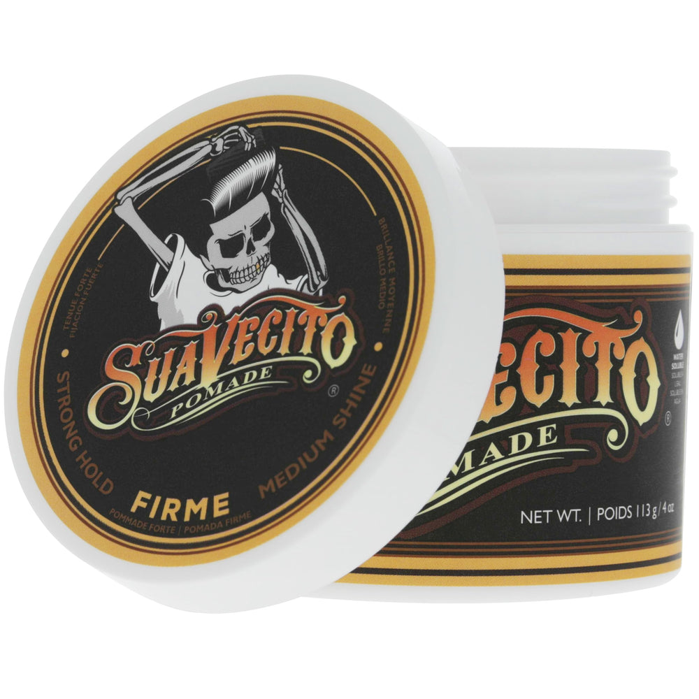 Label close-up on Suavecito Pomade Firme jar