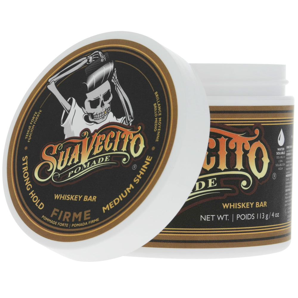 Suavecito Pomade Firme Whisky, uso diario para hombres que buscan estilo.