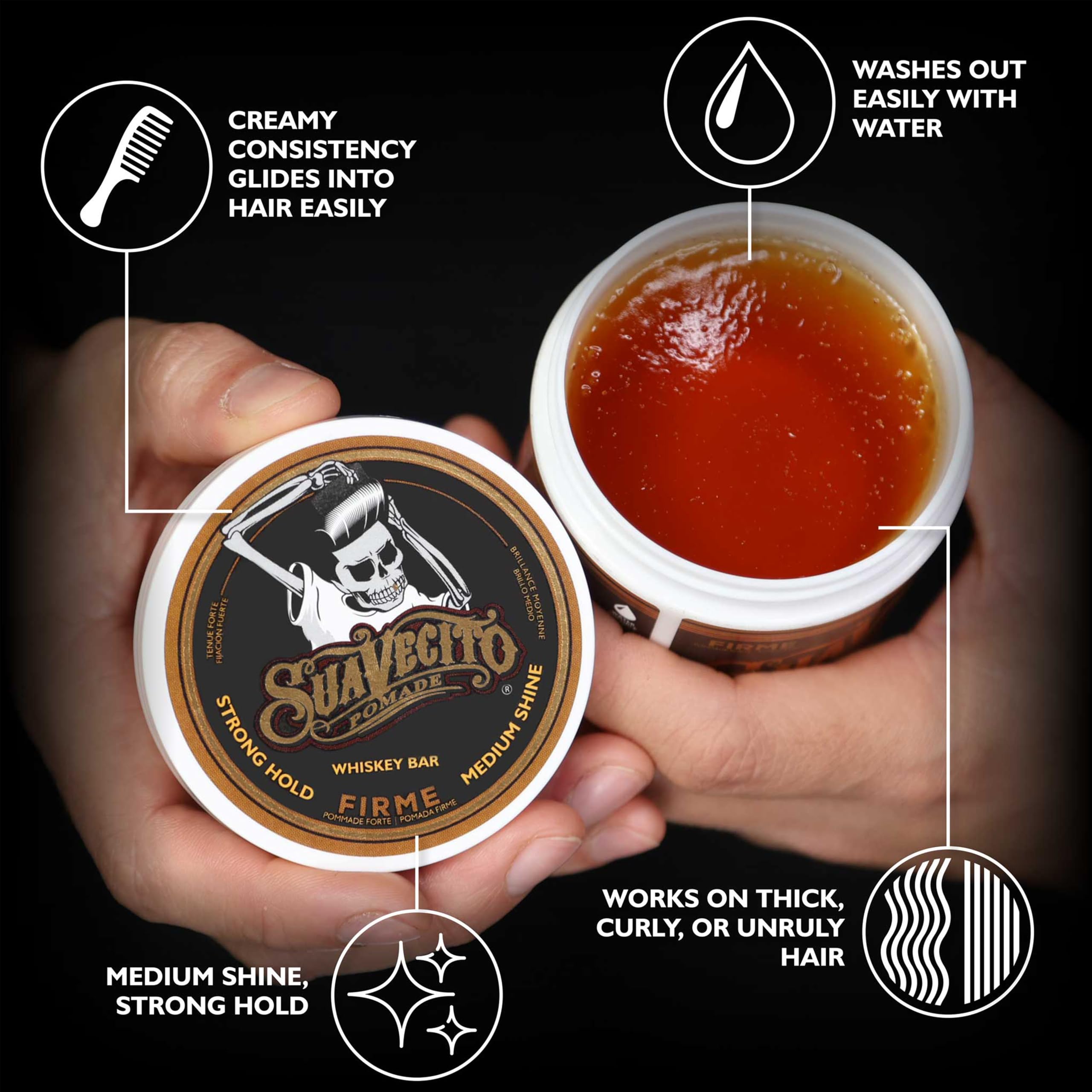 Suavecito Pomade Firme Whisky, notas de whisky envejecido para un aroma sofisticado.