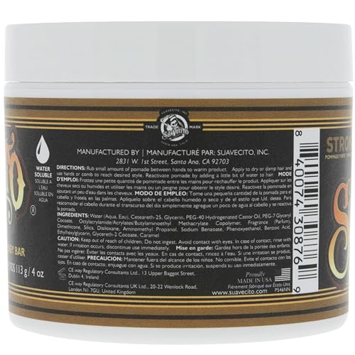 Suavecito Pomade Firme Whisky, primer plano de la lata, brillo moderado.