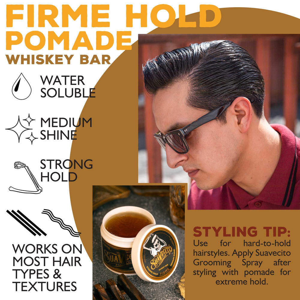 Suavecito Pomade Firme Whisky, lavado con agua facilita retirar el producto.
