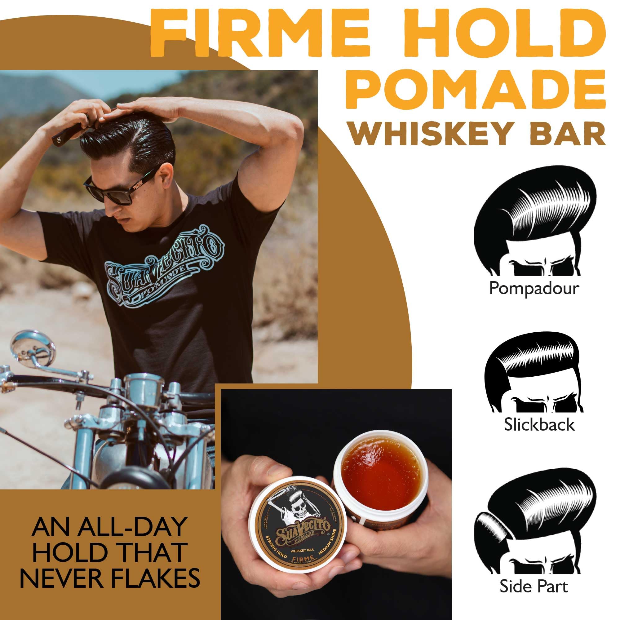 Suavecito Pomade Firme Whisky, peinado estilo pompadour con control firme.