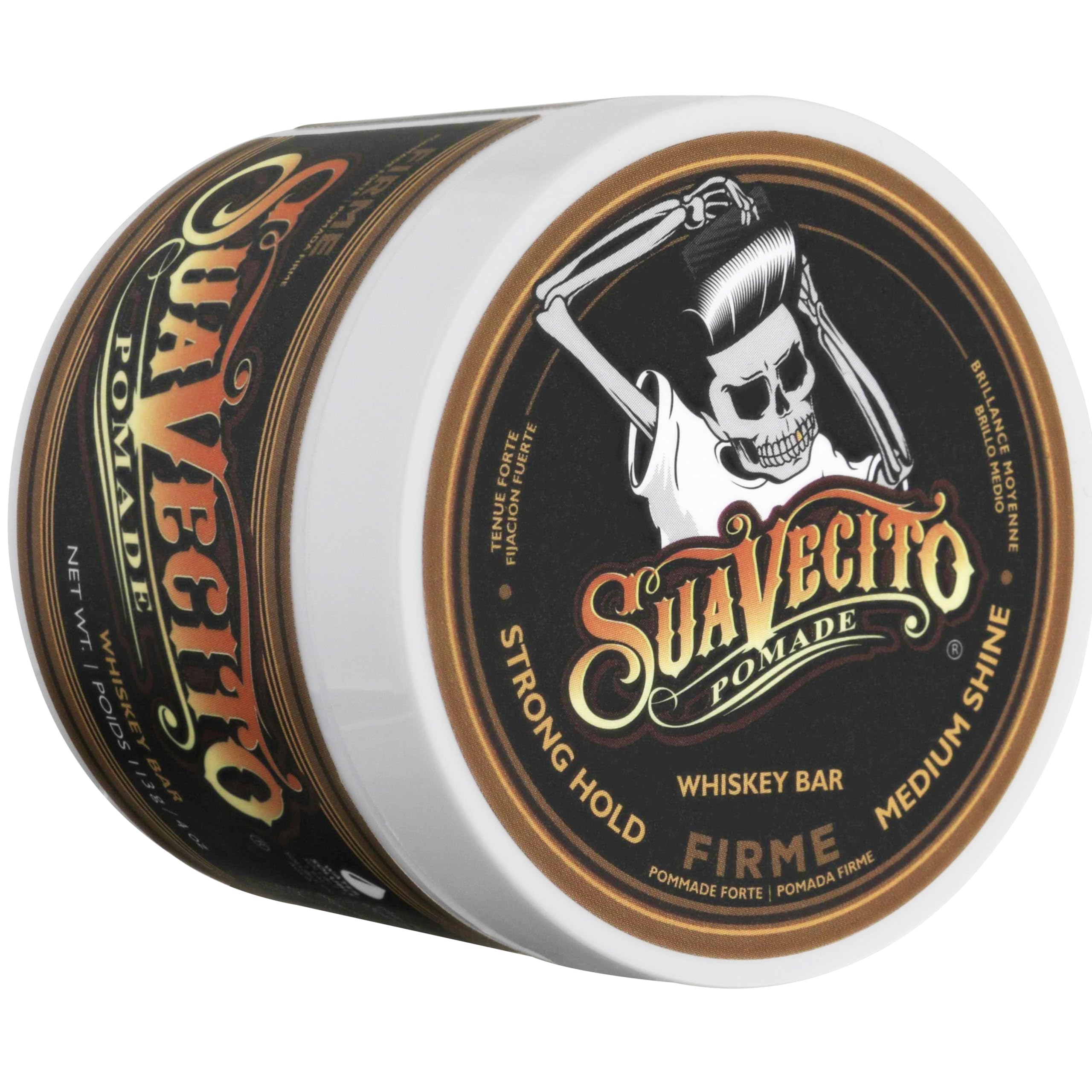 Suavecito Pomade Firme Whisky, acabado con brillo moderado y aspecto saludable.