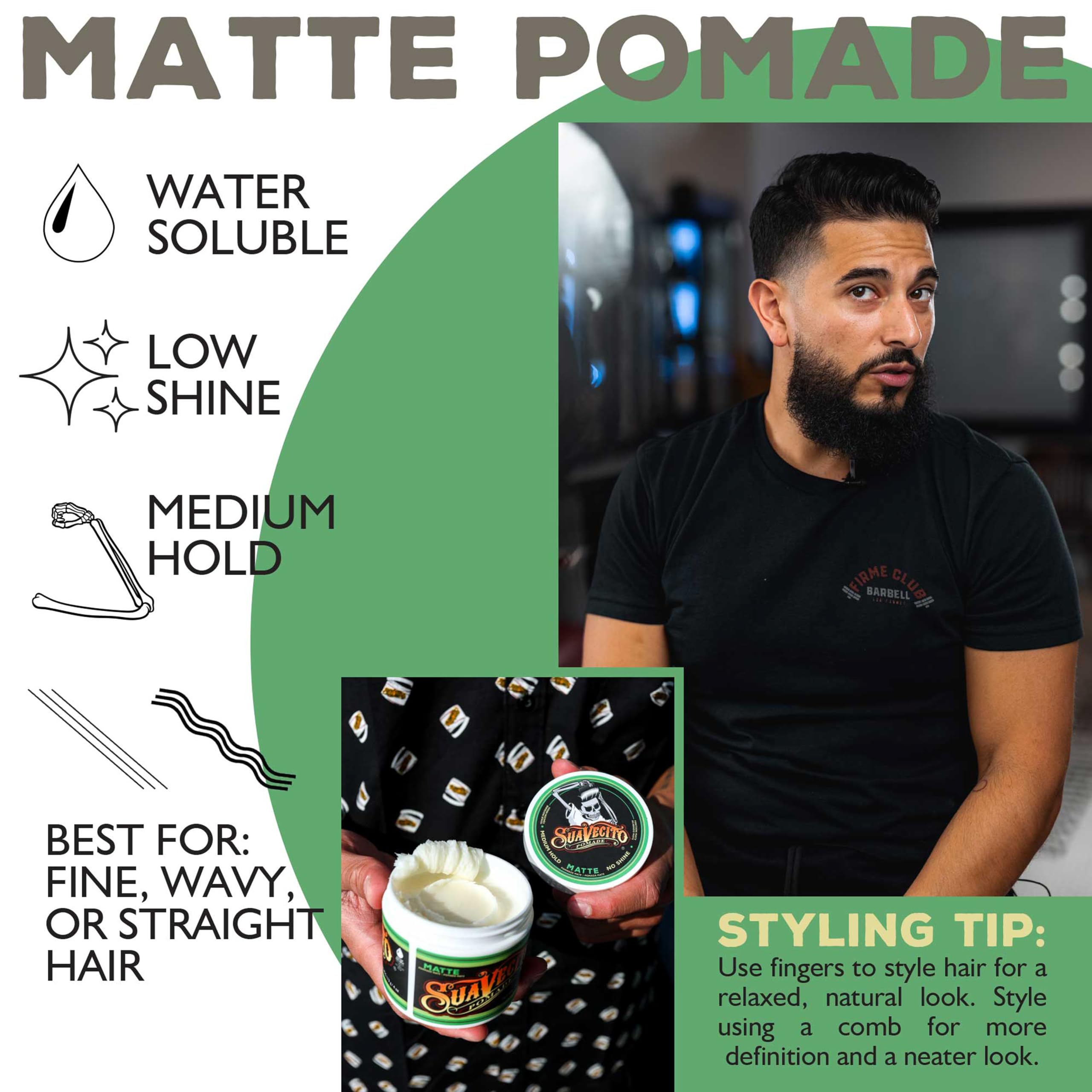 Close-up highlights the low-shine matte finish of Suavecito Pomade Matte.