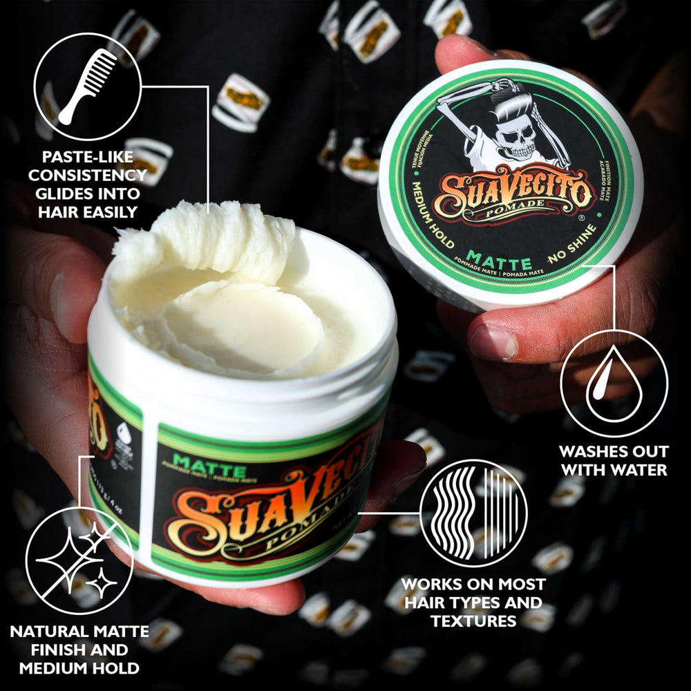 Quick-styling with Suavecito Pomade Matte yields day-long hold.