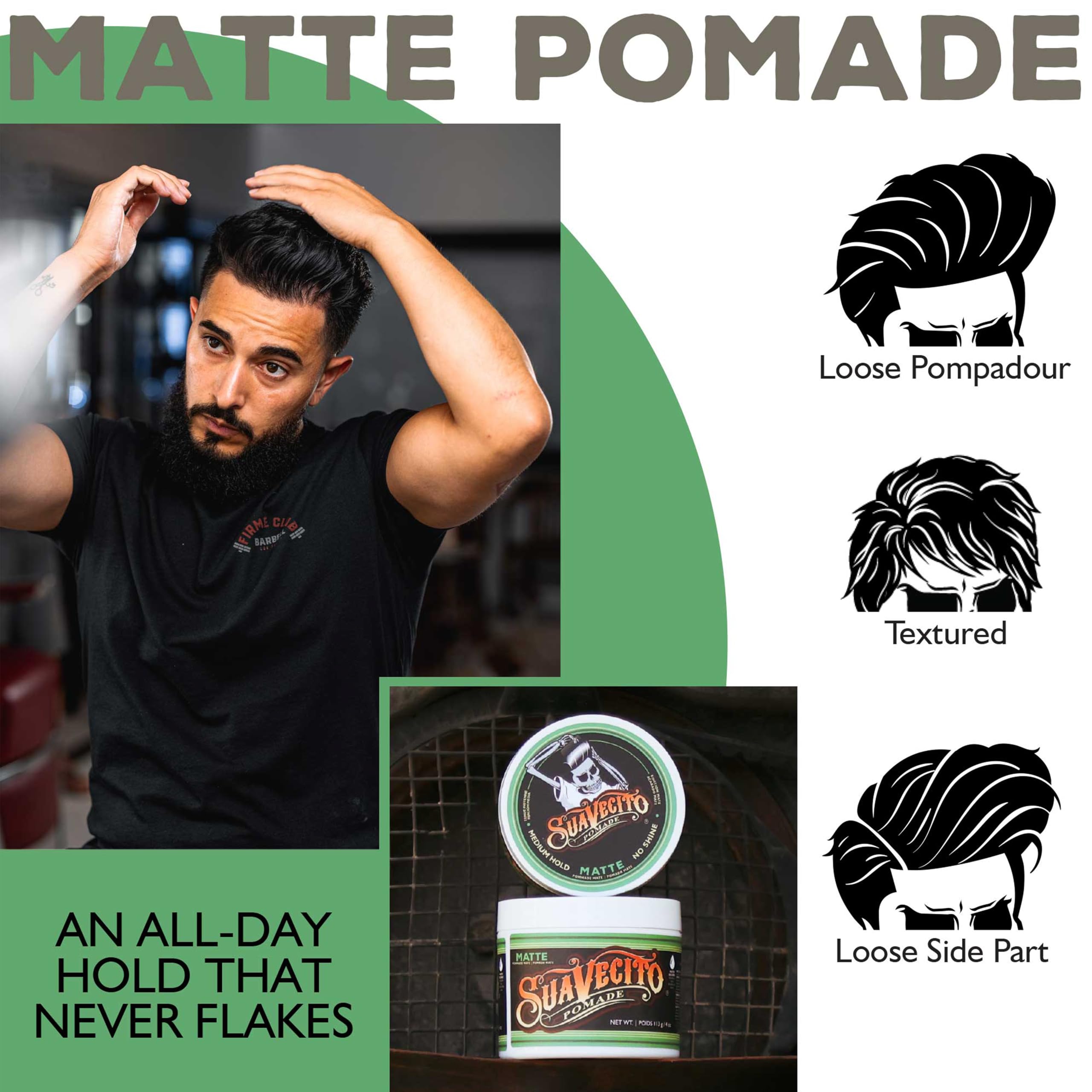 Slick-back look using Suavecito Pomade Matte for a clean, controlled finish.
