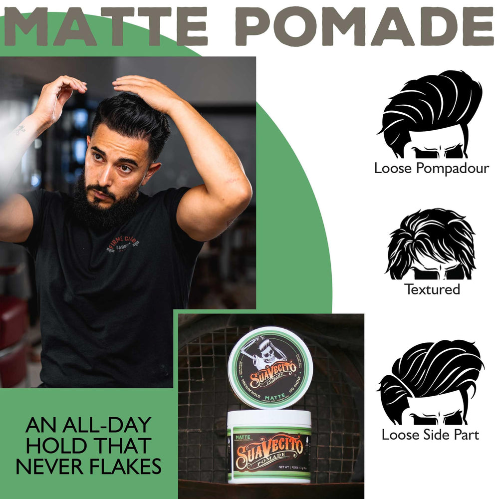 Slick-back look using Suavecito Pomade Matte for a clean, controlled finish.
