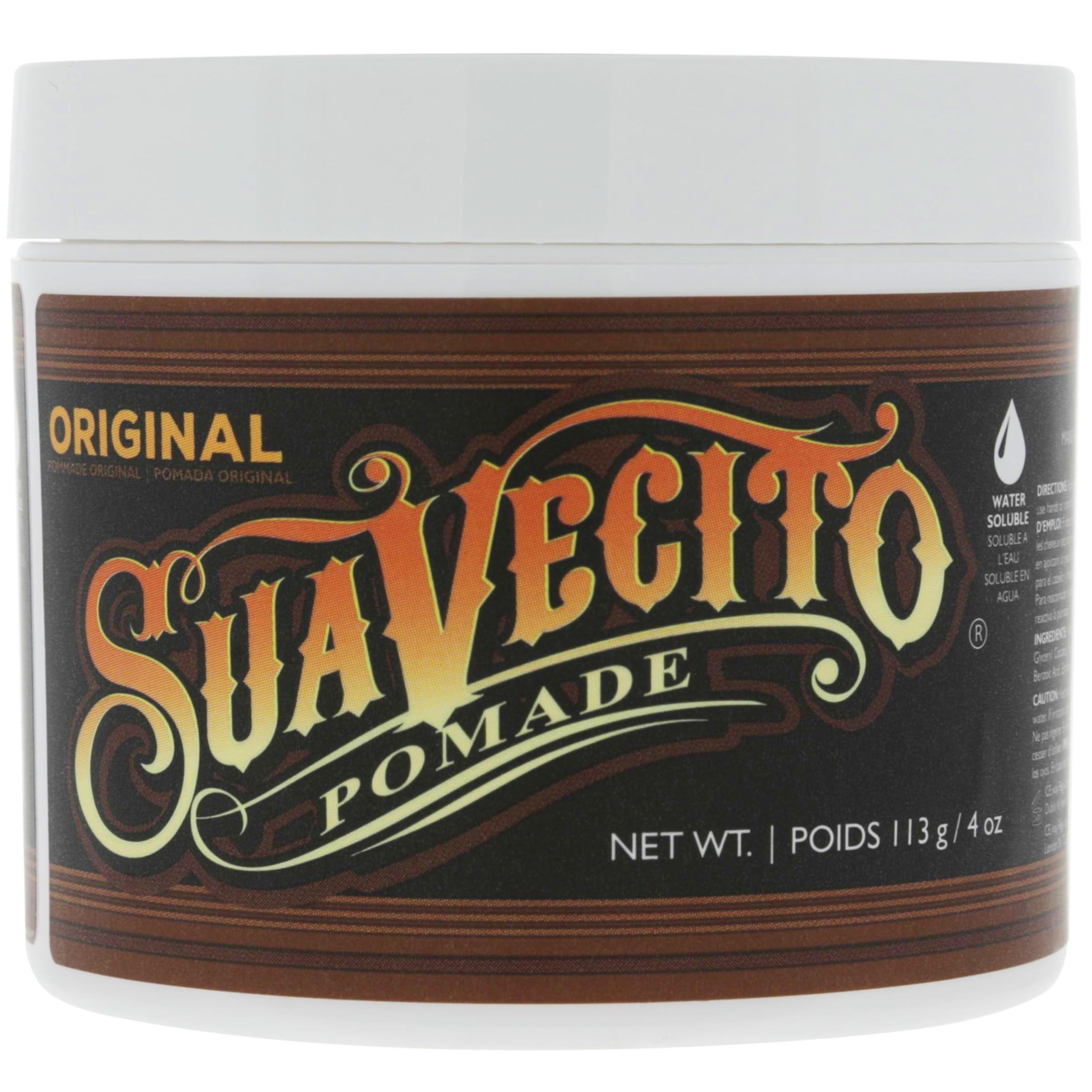 Suavecito Pomade Original label detail emphasizing brand heritage and quality.