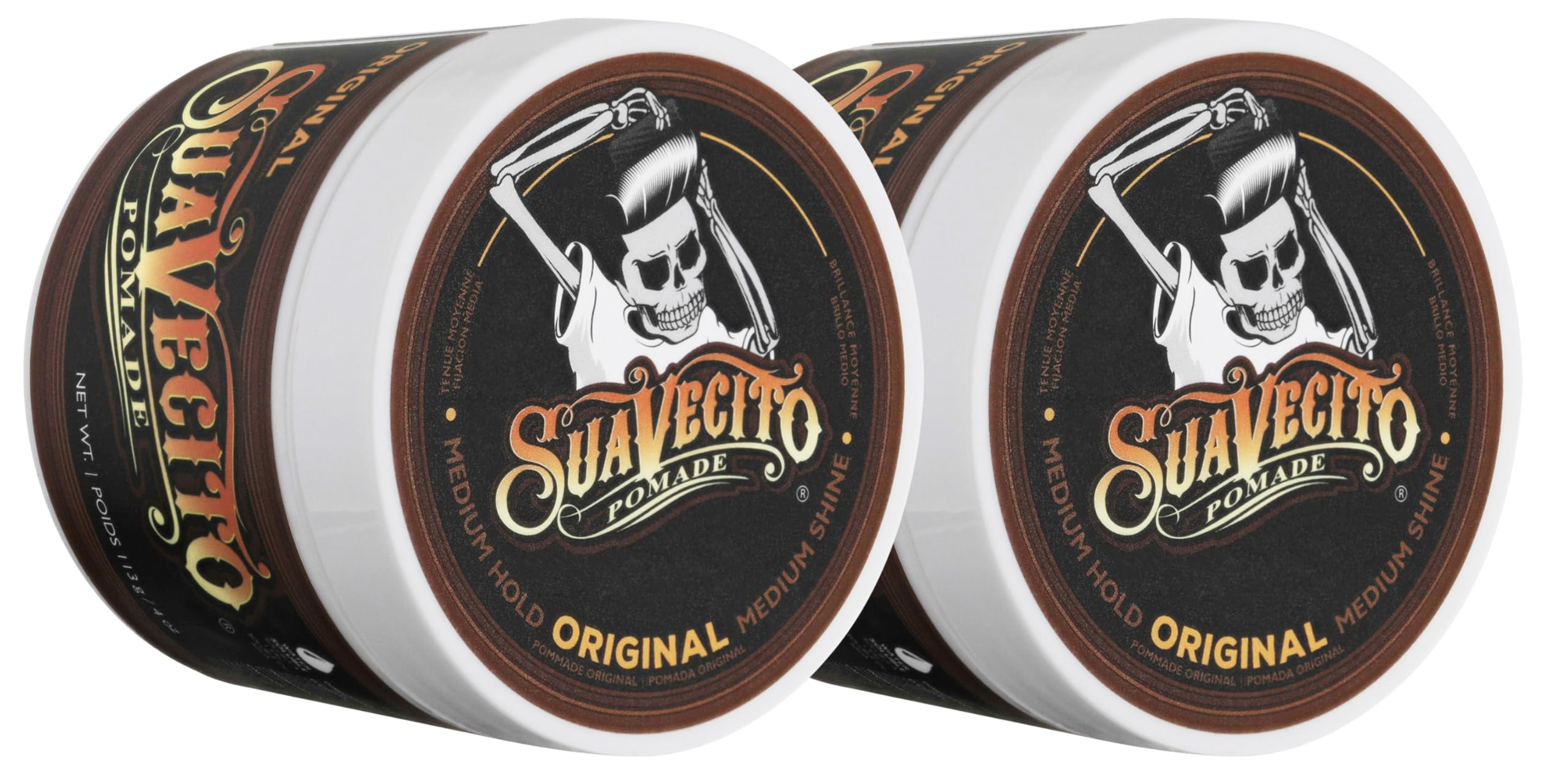 Suavecito Pomade Original pack shot highlighting all-day hold and shine.