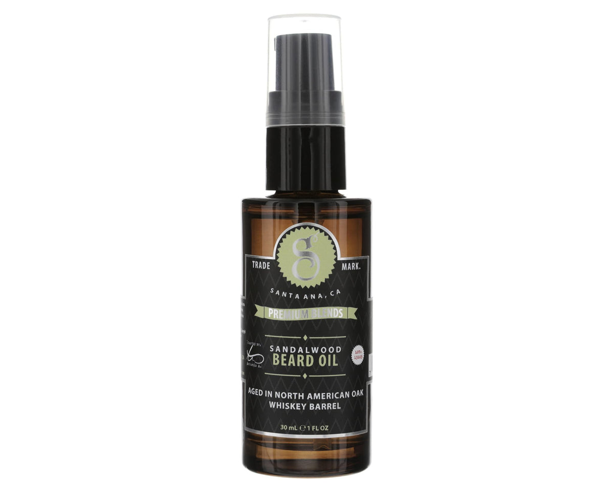 Suavecito Premium Blends Beard Oil pump bottle; easy application for a smooth, hydrated beard.