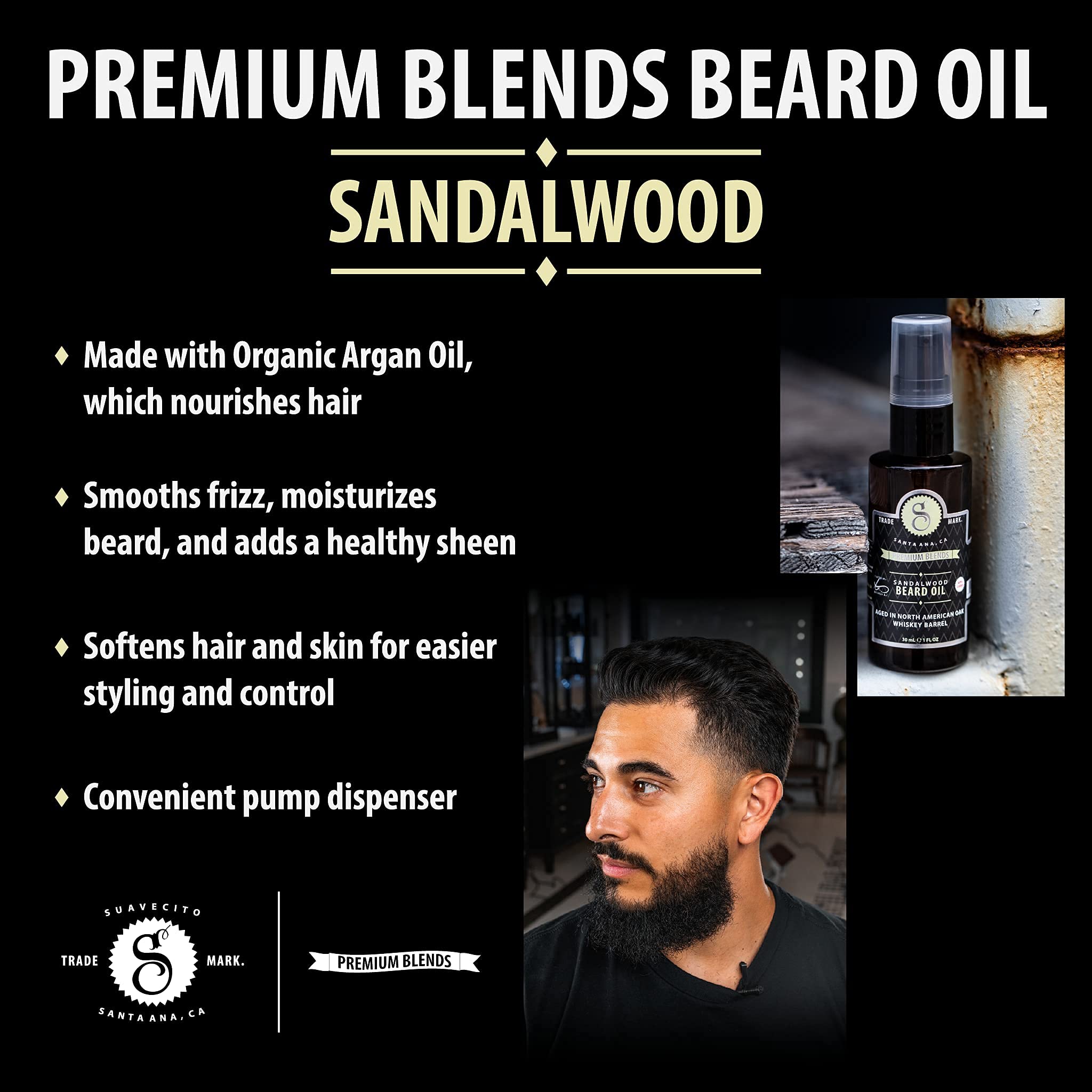Suavecito Premium Blends Beard Oil softens hair for silky feel.