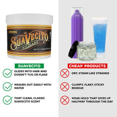 Slicked-back look achieved with Suavecito Strong Hold pomade