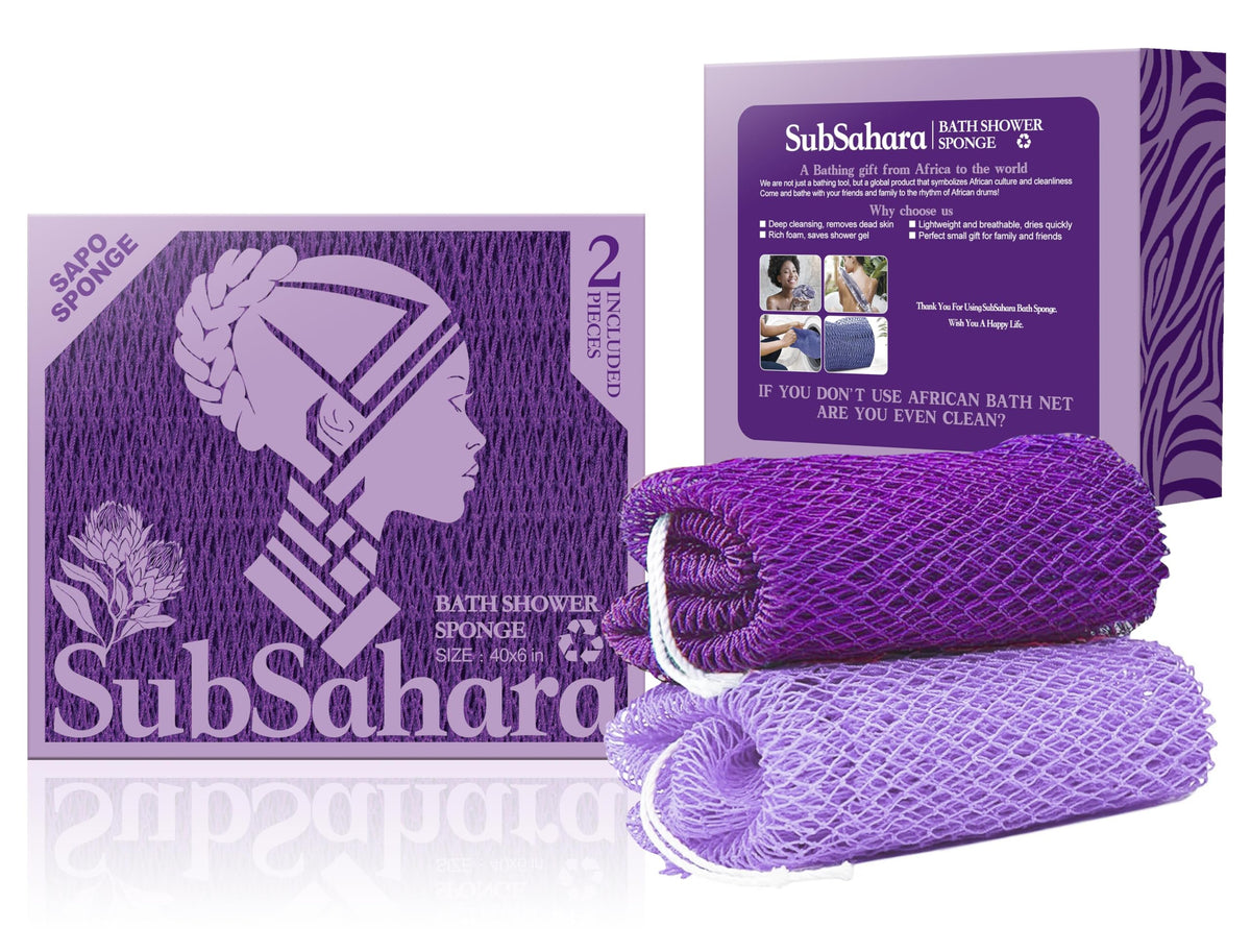 SubSahara authentic African net sponge two-pack in deep purple and lavender purple for gentle exfoliation.