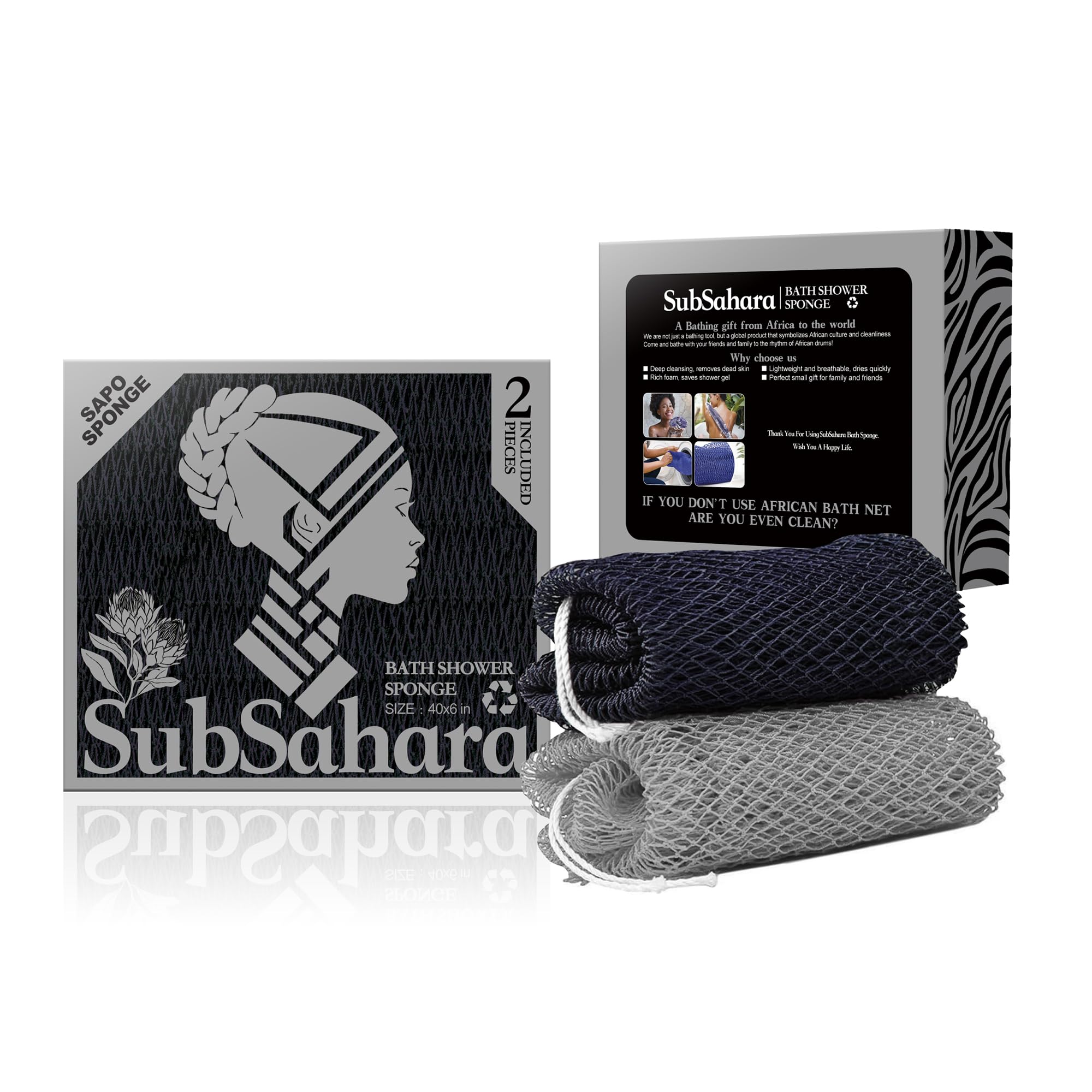 SubSahara Authentic African Net Sponge pack-shot showing the two-pack and color mix for gentle exfoliation