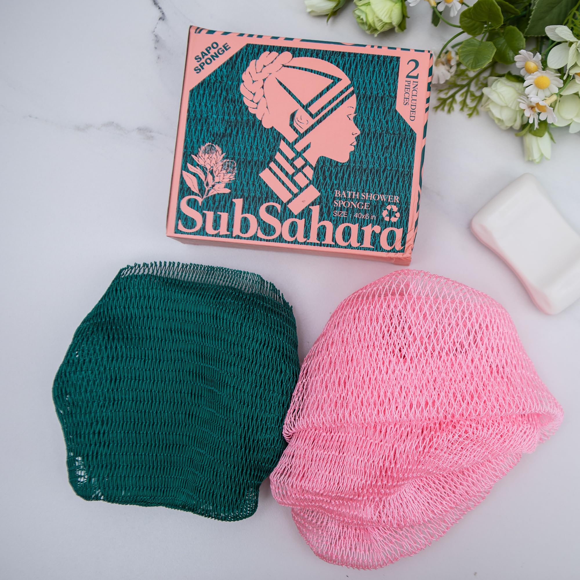 SubSahara net sponge showcases exfoliating texture for body and face cleansing.