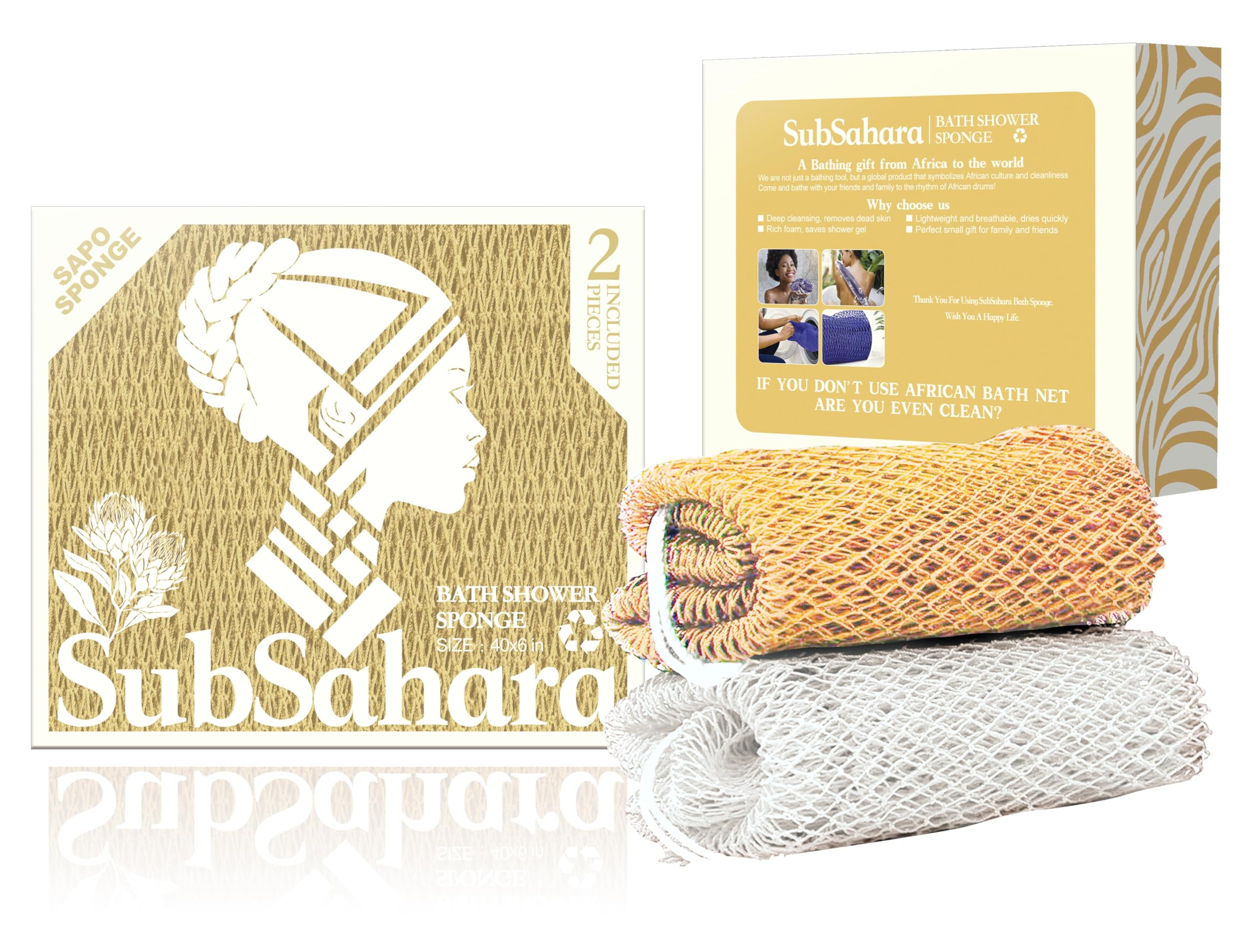 SubSahara authentic African net sponge with knit pattern for gentle exfoliation on body and face.