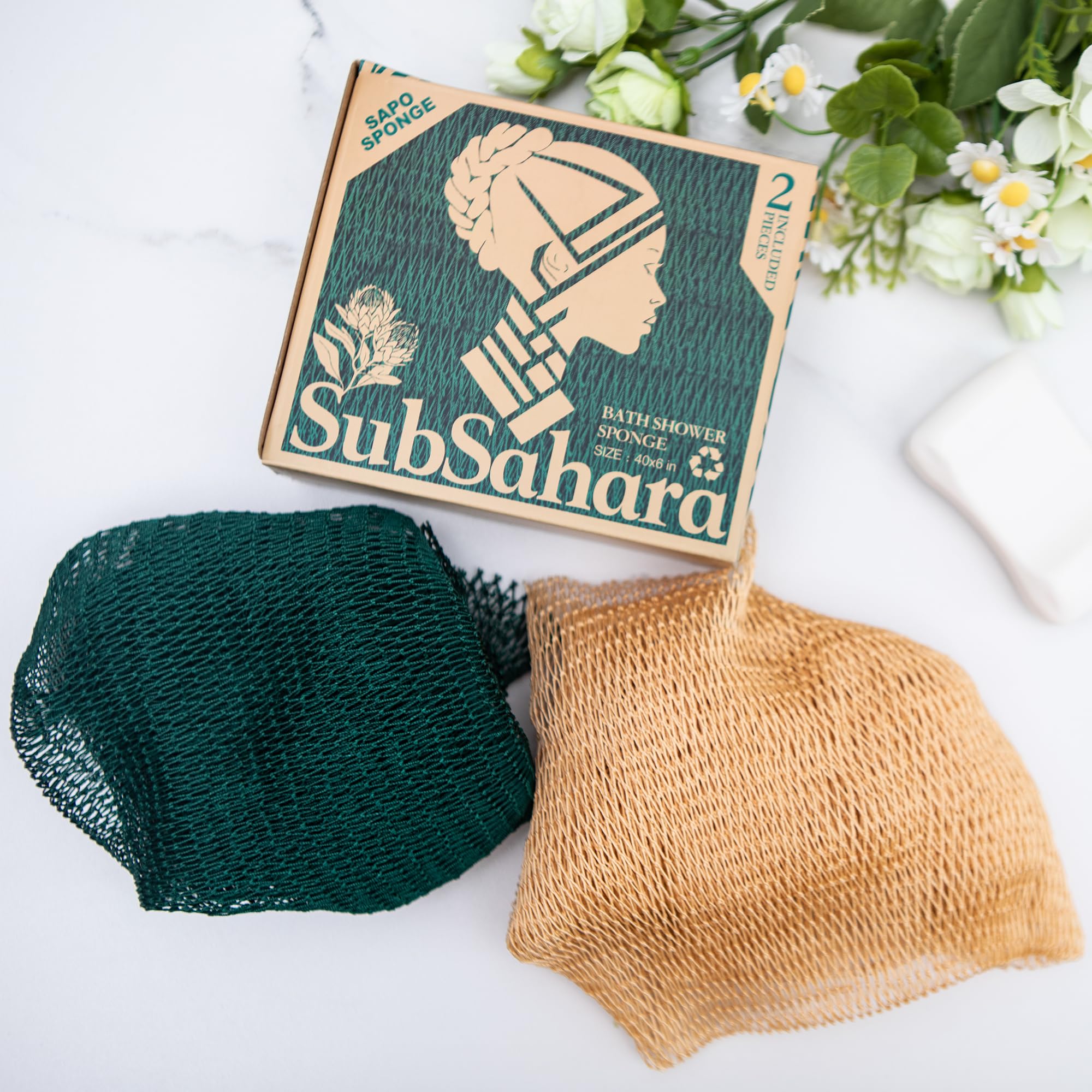 SubSahara exfoliating net sponge used on body and face for gentle exfoliation and rich lather.
