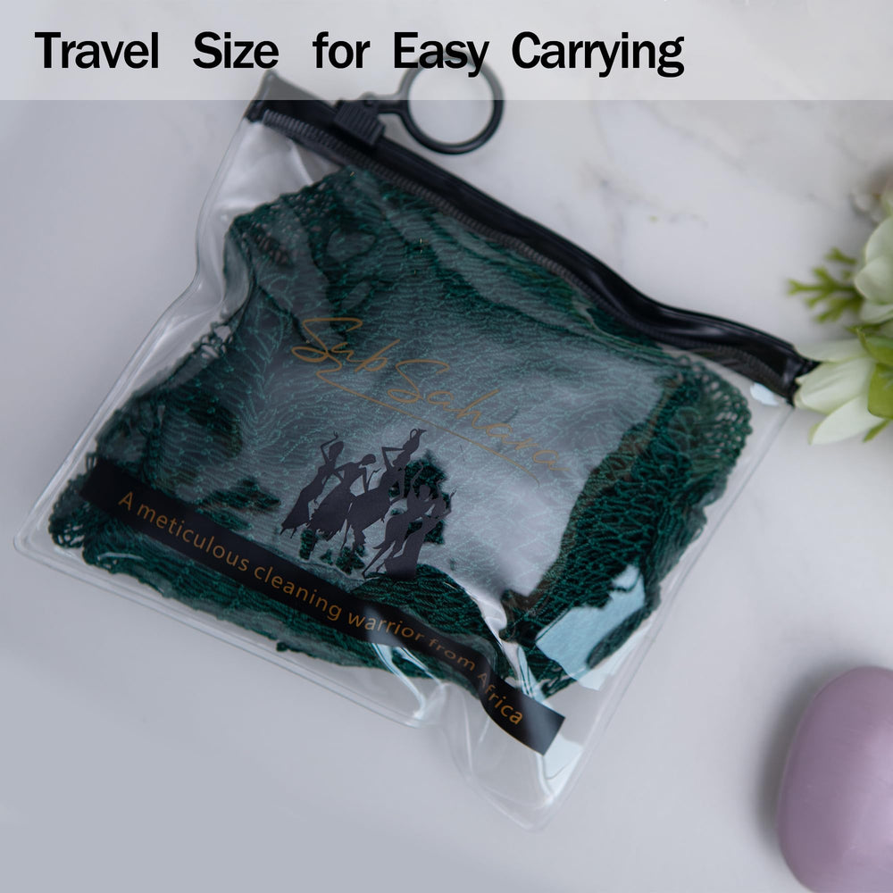 SubSahara travel-friendly net sponge with compact pouch for on-the-go skincare.