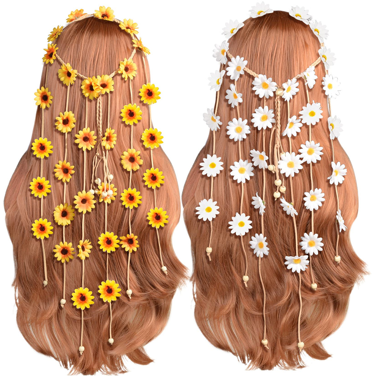 Diadema floral hippie de Sucrain con giras amarillas y cuentas blancas, ideal para festivales.