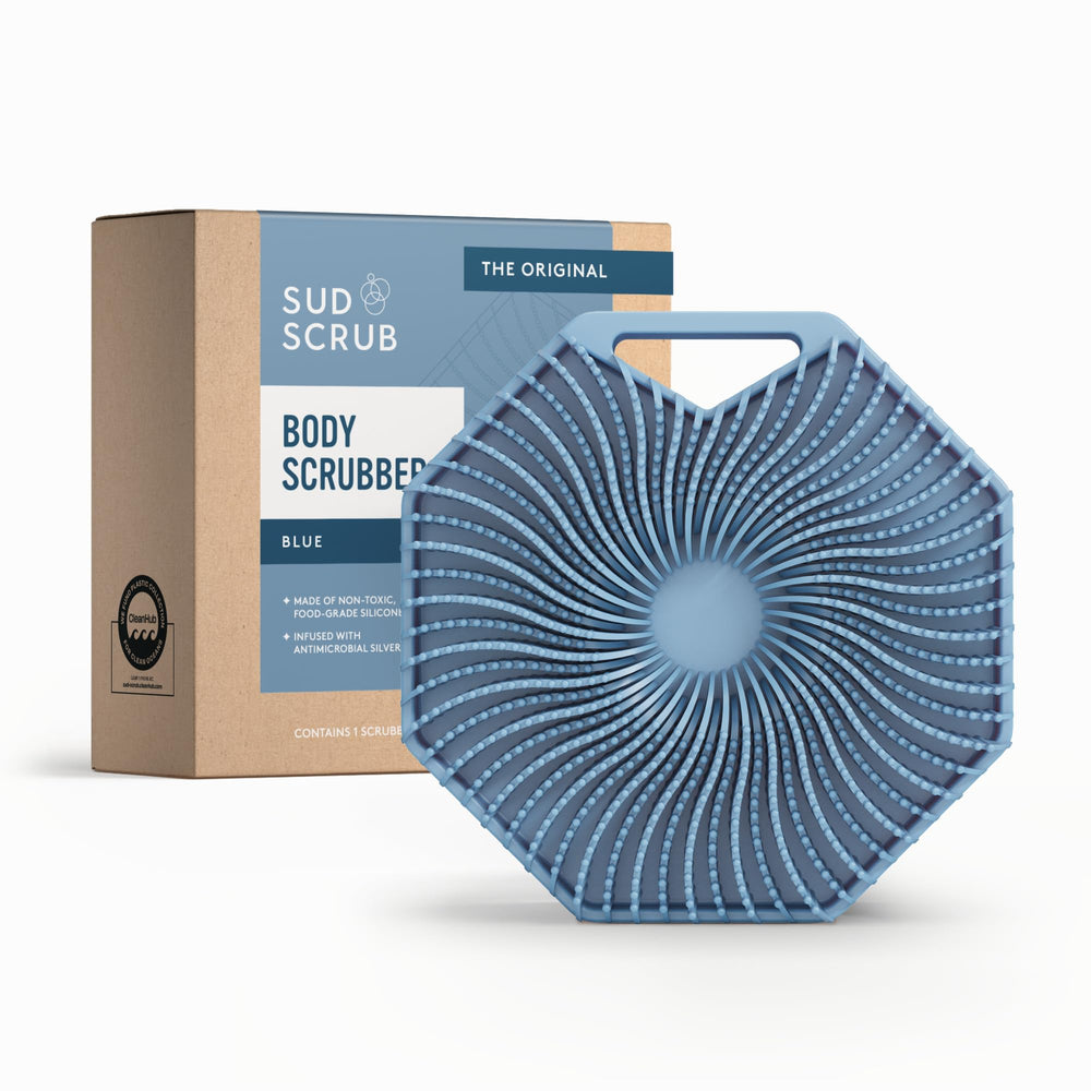 Sud Scrub antimicrobial silicone body scrubber blue overview highlights odor-resistant surface.