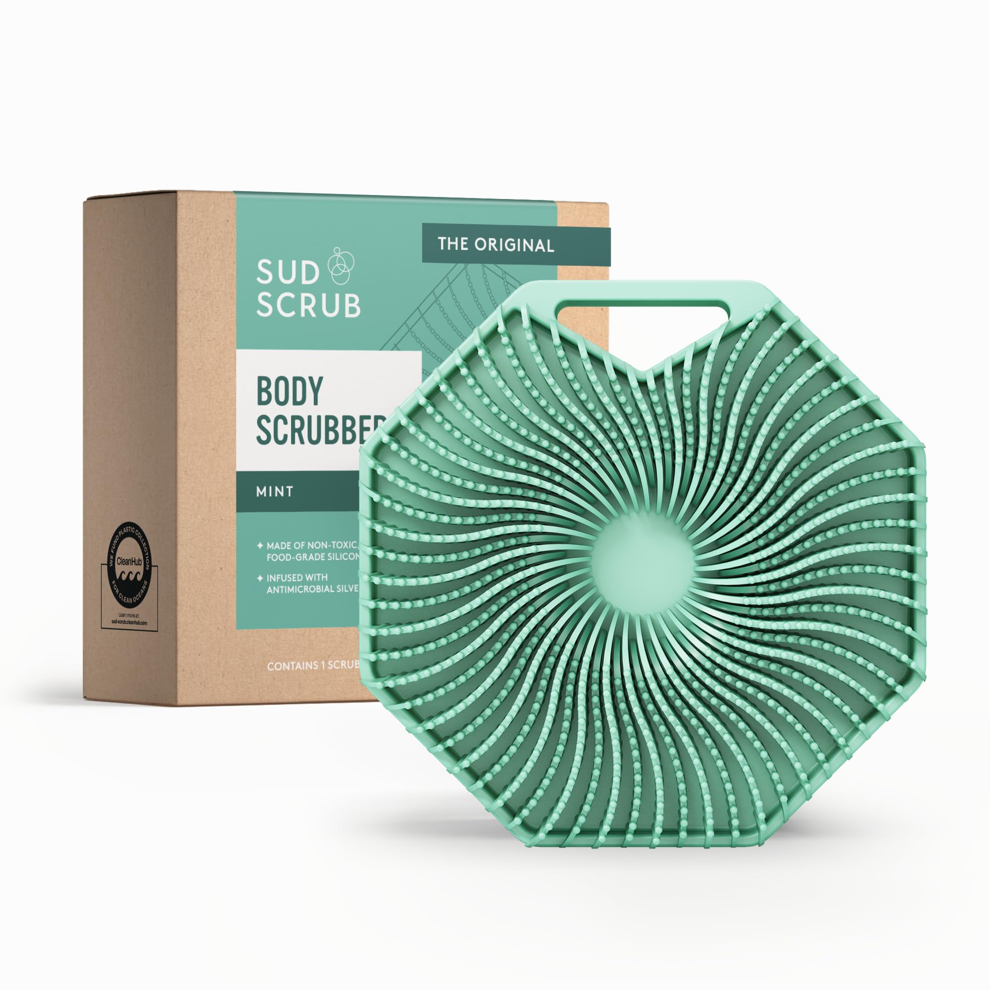 Sud Scrub antimicrobial silicone body scrubber in hand, easy grip during shower