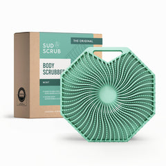 Sud Scrub antimicrobial silicone body scrubber in hand, easy grip during shower