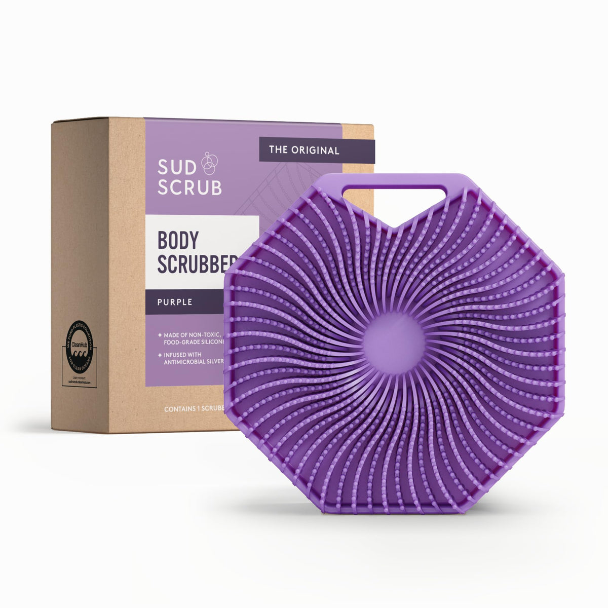 Sud Scrub antimicrobial silicone body scrubber purple packshot highlights hygienic, long-lasting cleansing.