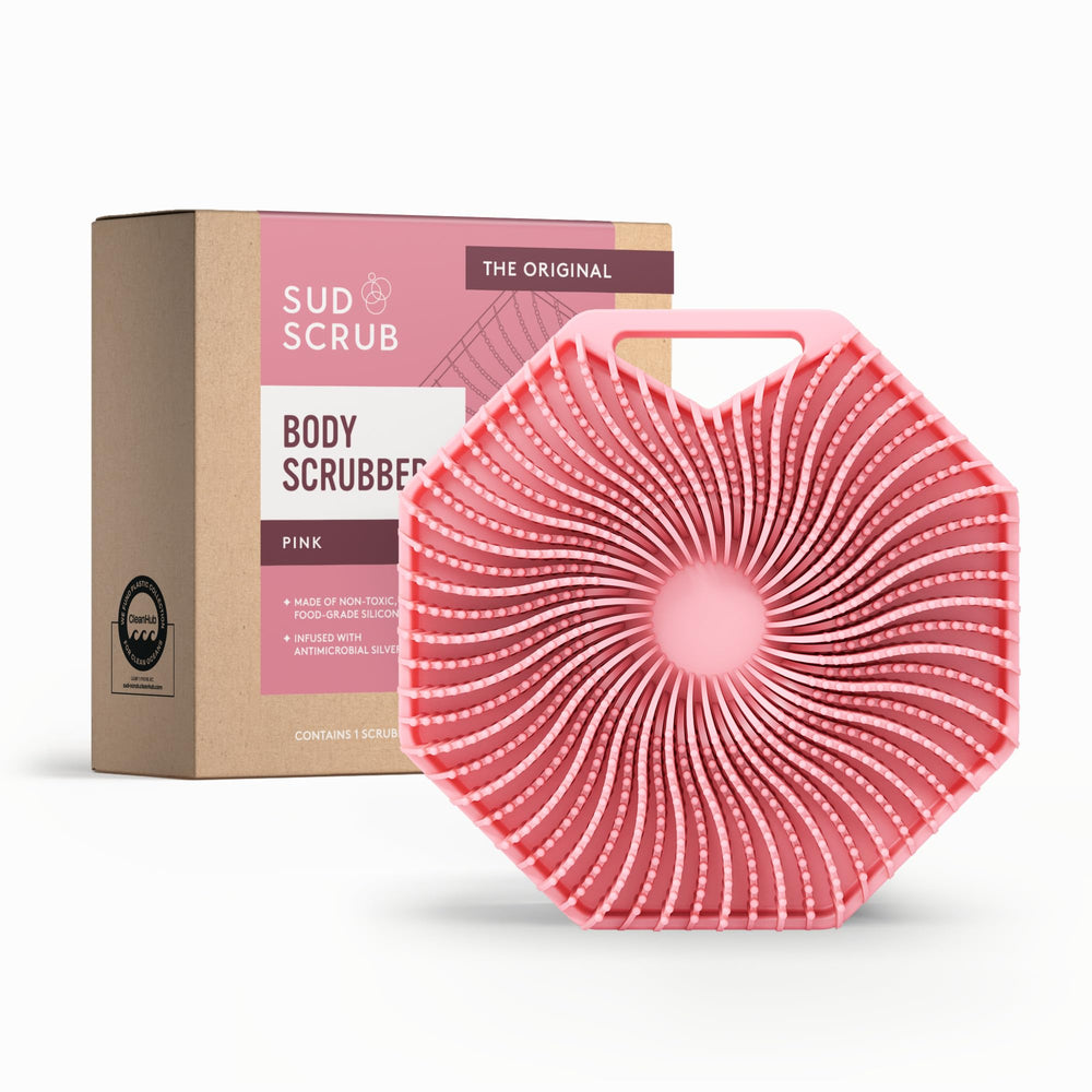 Sud Scrub antimicrobial silicone body scrubber shows a hygienic surface for daily cleansing.